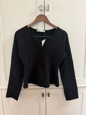 Zara Black Structured Peplum Blazer Sweater